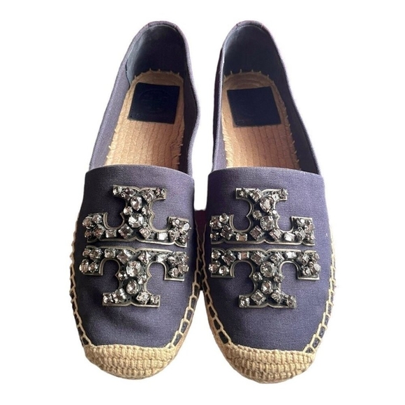 TORY BURCH Ines Embellished Logo Espadrille Flats Navy Canvas Size 5.5 NIB - Picture 3 of 11